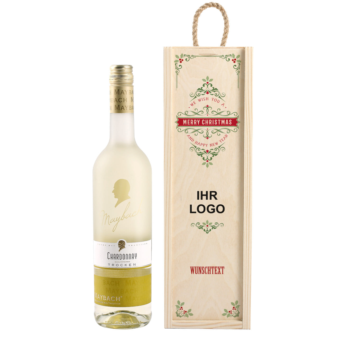 Weihnachtliche Holzbox mit Wein und Firmenlogo bedruckt
