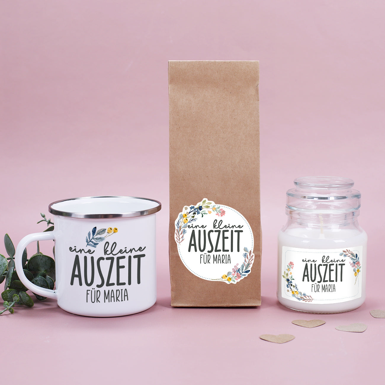 Set mit Tee, Tasse, Duftkerze und individuellen Aufdruck für eine kleine Auszeit