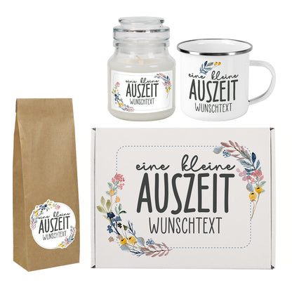 "kleine Auszeit" Geschenkset mit Tee, Tasse und Duftkerze für Mitarbeiter