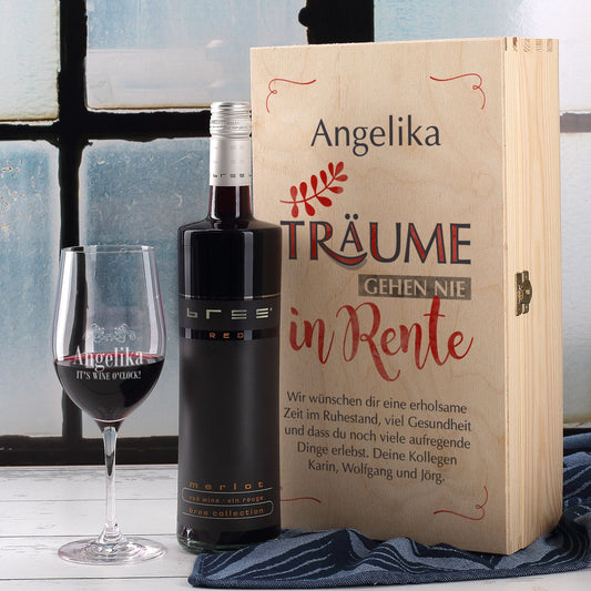 Wein-Set "Träume gehen nie in Rente", mit gravierten Glas