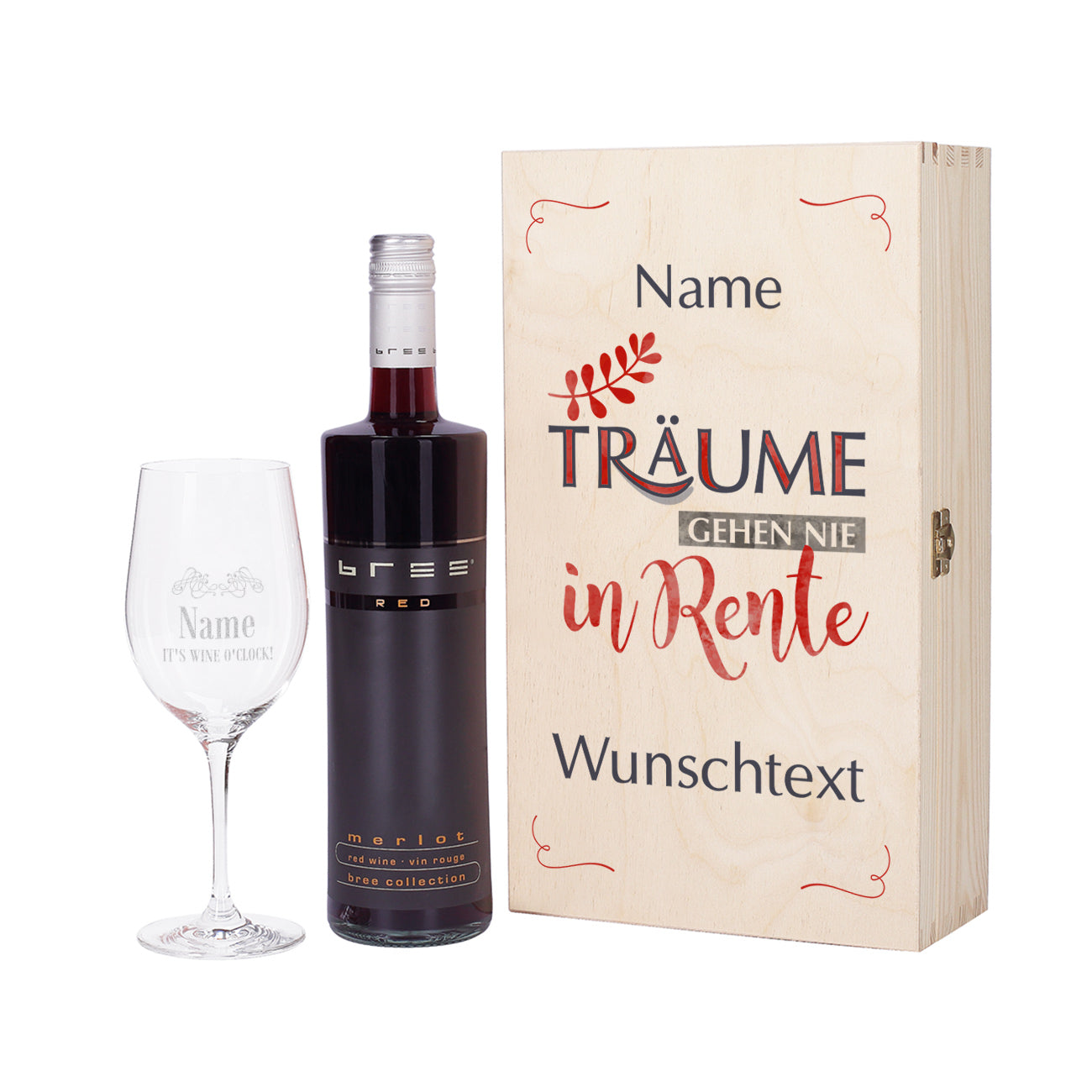 Wein-Set "Träume gehen nie in Rente", mit gravierten Glas