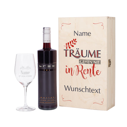 Wein-Set "Träume gehen nie in Rente", mit gravierten Glas