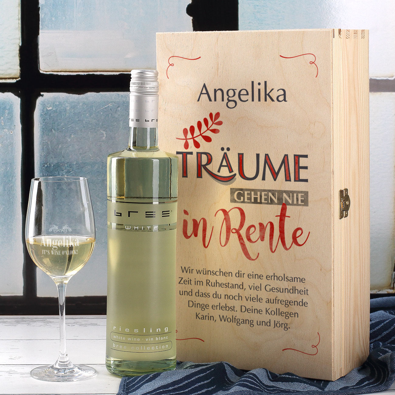 Wein-Set "Träume gehen nie in Rente", mit gravierten Glas