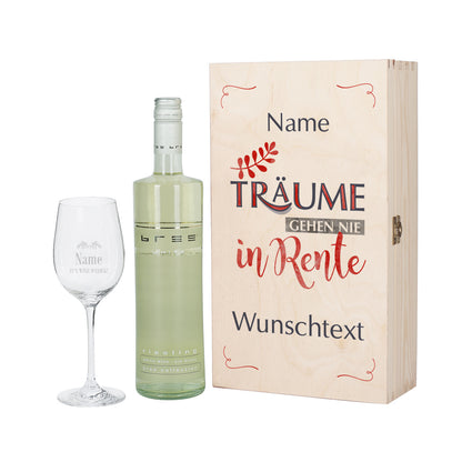 Wein-Set "Träume gehen nie in Rente", mit gravierten Glas