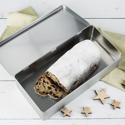 Stollendose "Frohe Weihnachten wünscht ..." offen mit Stollen