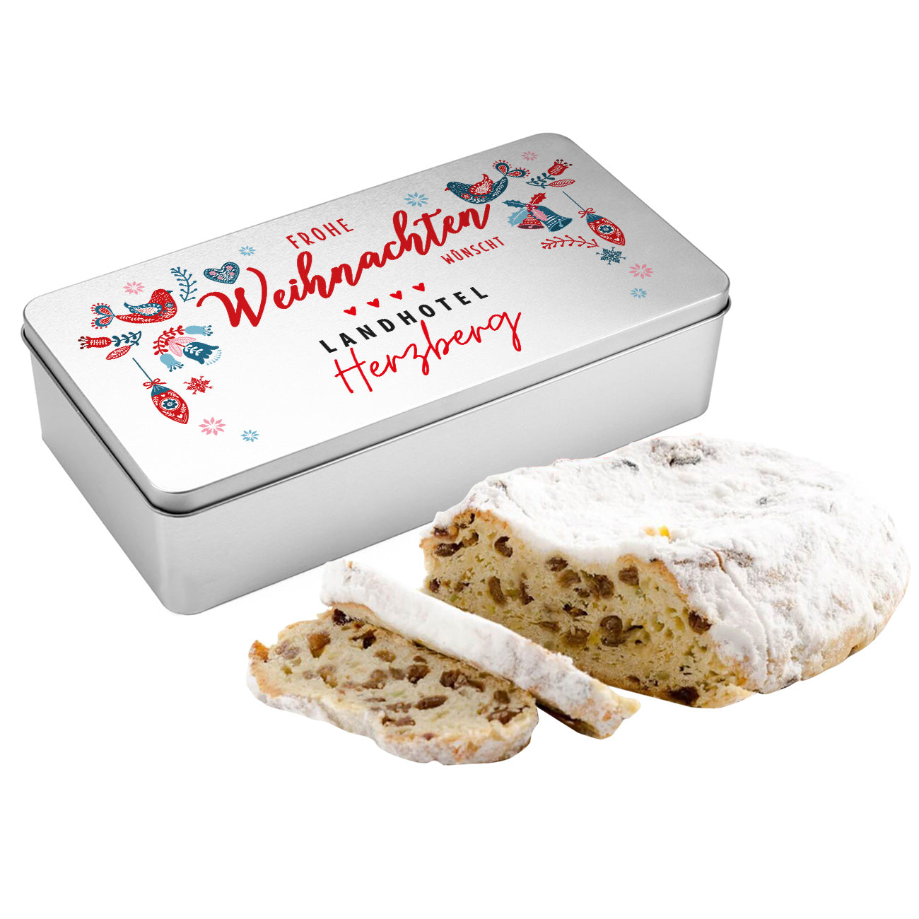 Stollendose "Frohe Weihnachten wünscht ..." Beispielbild Hotel, mit Stollen