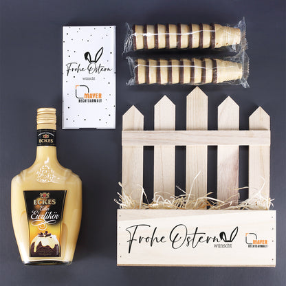 Eierlikörgeschenkset zu Ostern für Mitarbeiter oder Kunden, Firmenlogo oder eigenes Design - Übersicht Inhalt