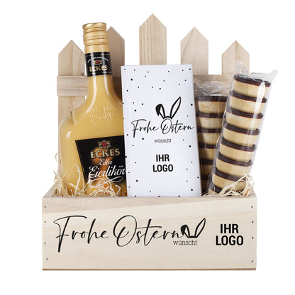 Eierlikörgeschenkset zu Ostern für Mitarbeiter oder Kunden, Firmenlogo oder eigenes Design - weißer Hintergrund