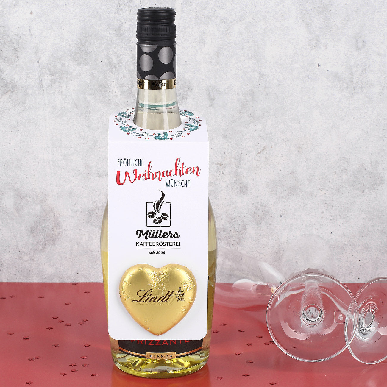 Fröhliche Weihnachten - Flaschenanhänger mit Firmenlogo & Lindt Herz