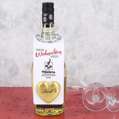 Fröhliche Weihnachten - Flaschenanhänger mit Firmenlogo & Lindt Herz