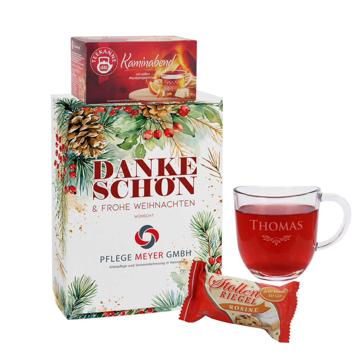 Personalisiertes Tee-Geschenkset mit Stollen und Teeglas | Weihnachtsgeschenkset für Mitarbeiter mit Logo