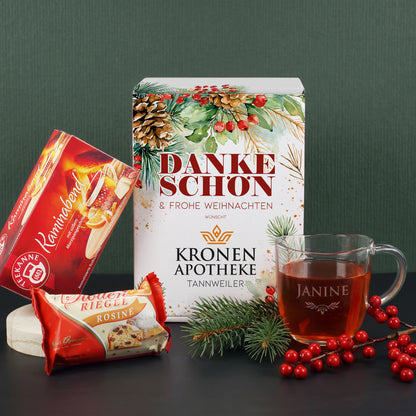 Personalisiertes Tee-Geschenkset mit Stollen und Teeglas | Weihnachtsgeschenkset für Mitarbeiter mit Logo