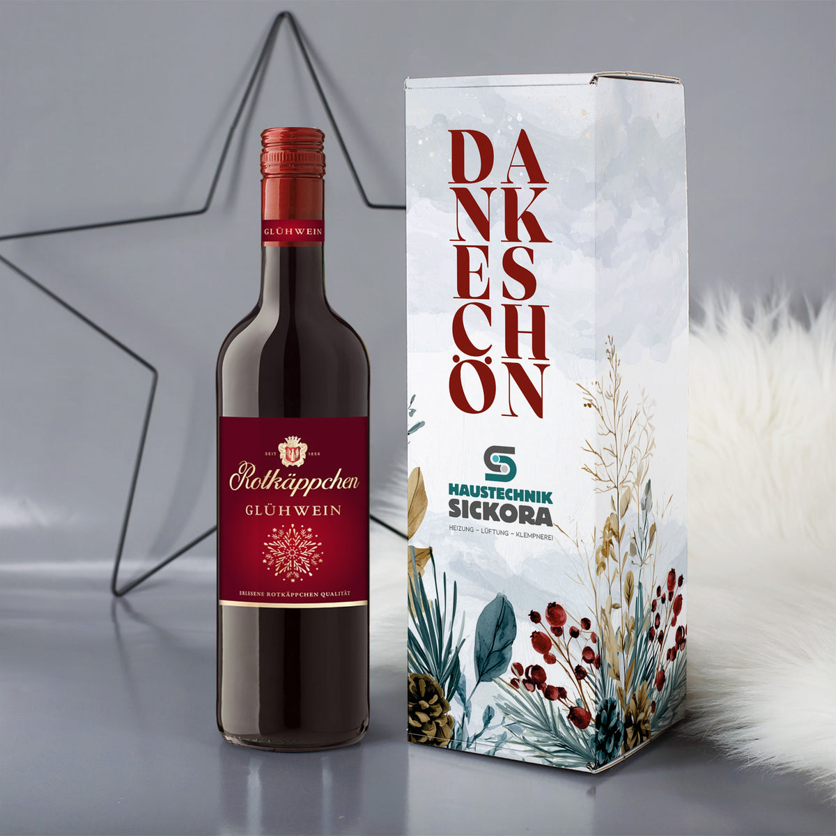 Rotkäppchen Glühwein in personalisierter Geschenkverpackung mit Firmenlogo "Dankeschön"