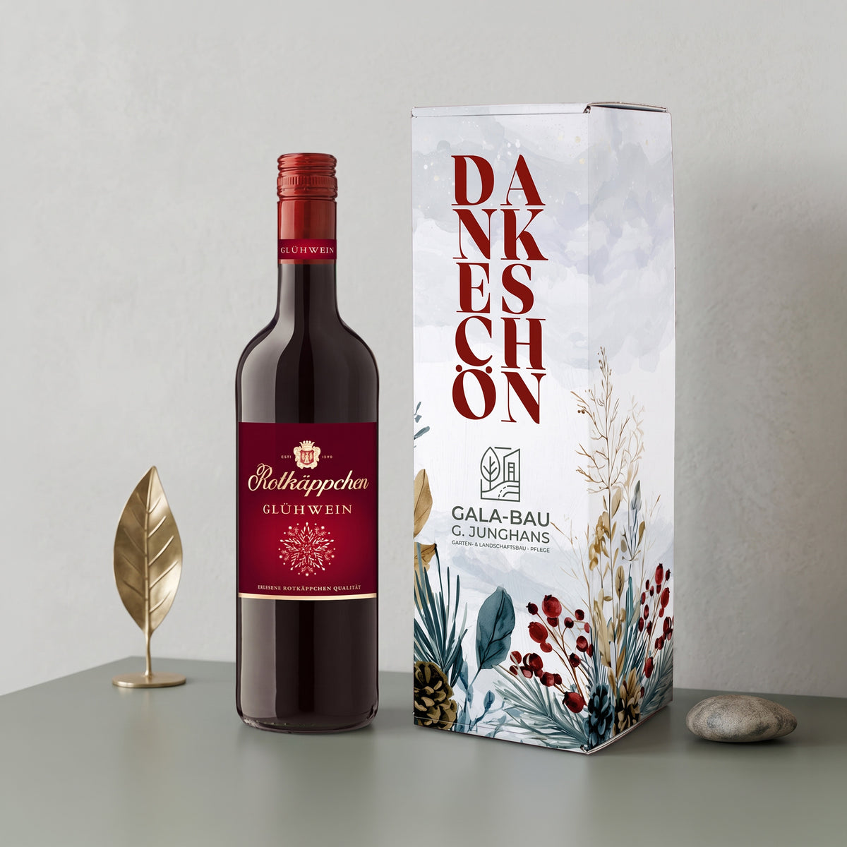 Rotkäppchen Glühwein in personalisierter Geschenkverpackung mit Firmenlogo "Dankeschön"