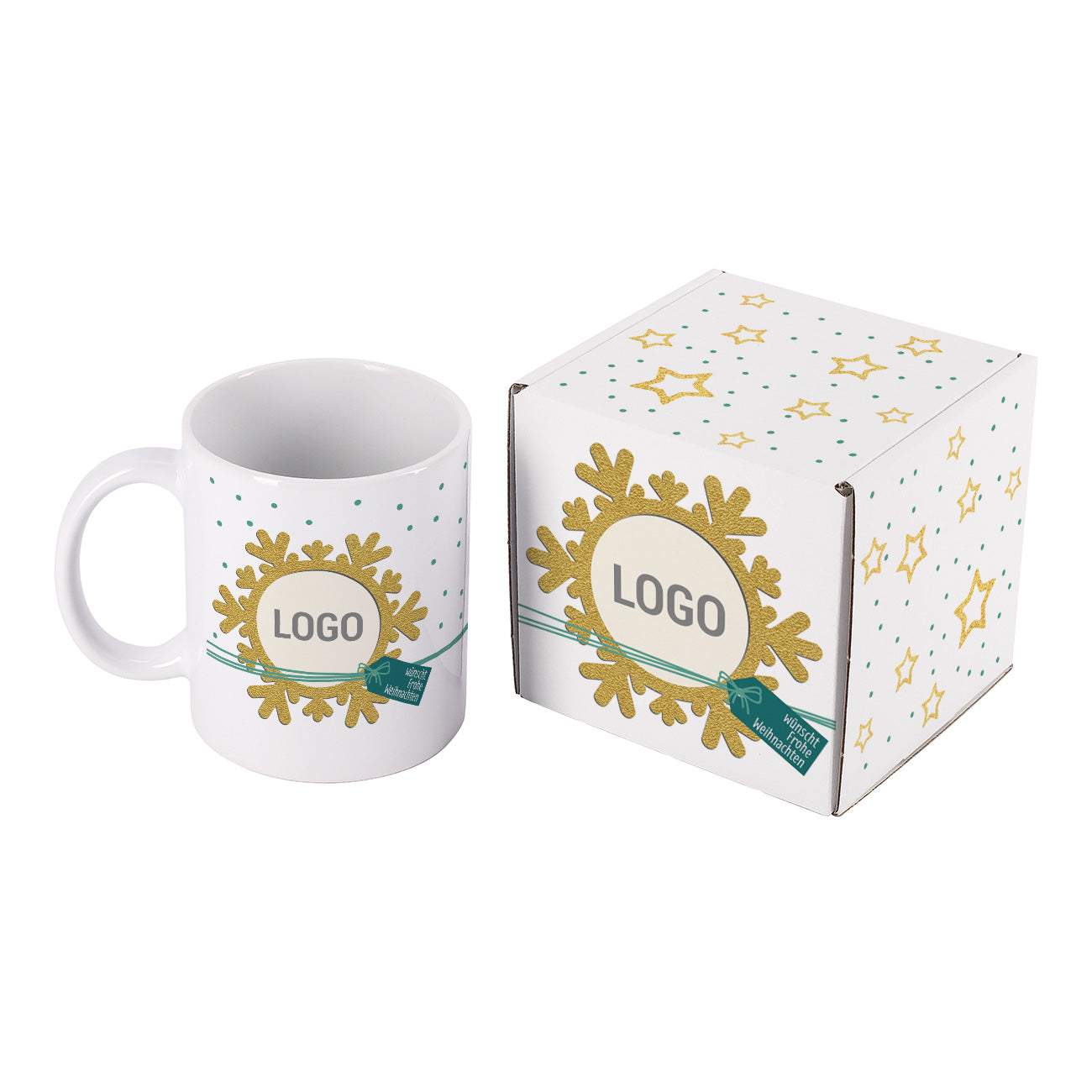 Geschenkset "große Schneeflocke" aus Tasse und Verpackung mit Logo