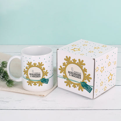 Geschenkset "große Schneeflocke" aus Tasse und Verpackung mit Logo