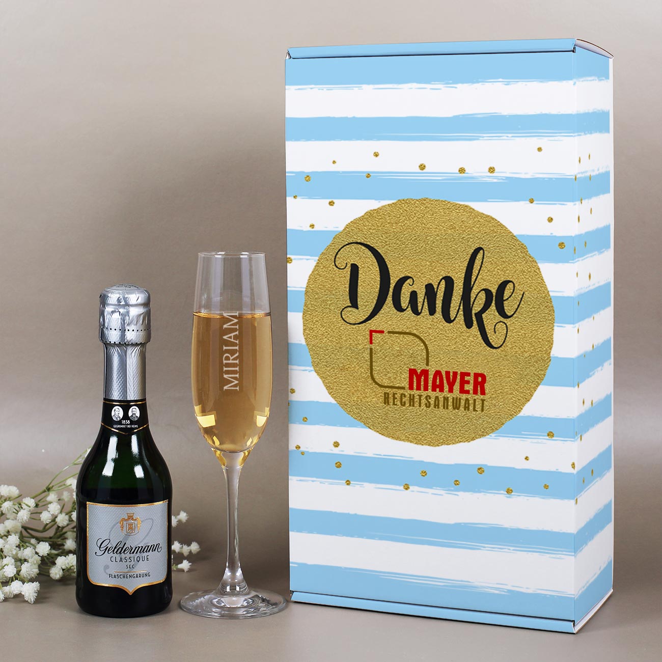 Danke Set mit kleinen Sekt und graviertem Sektglas