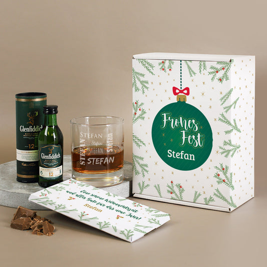 Geschenkset zu Weihnachten mit Glenfiddich, graviertem Glas und Schokolade