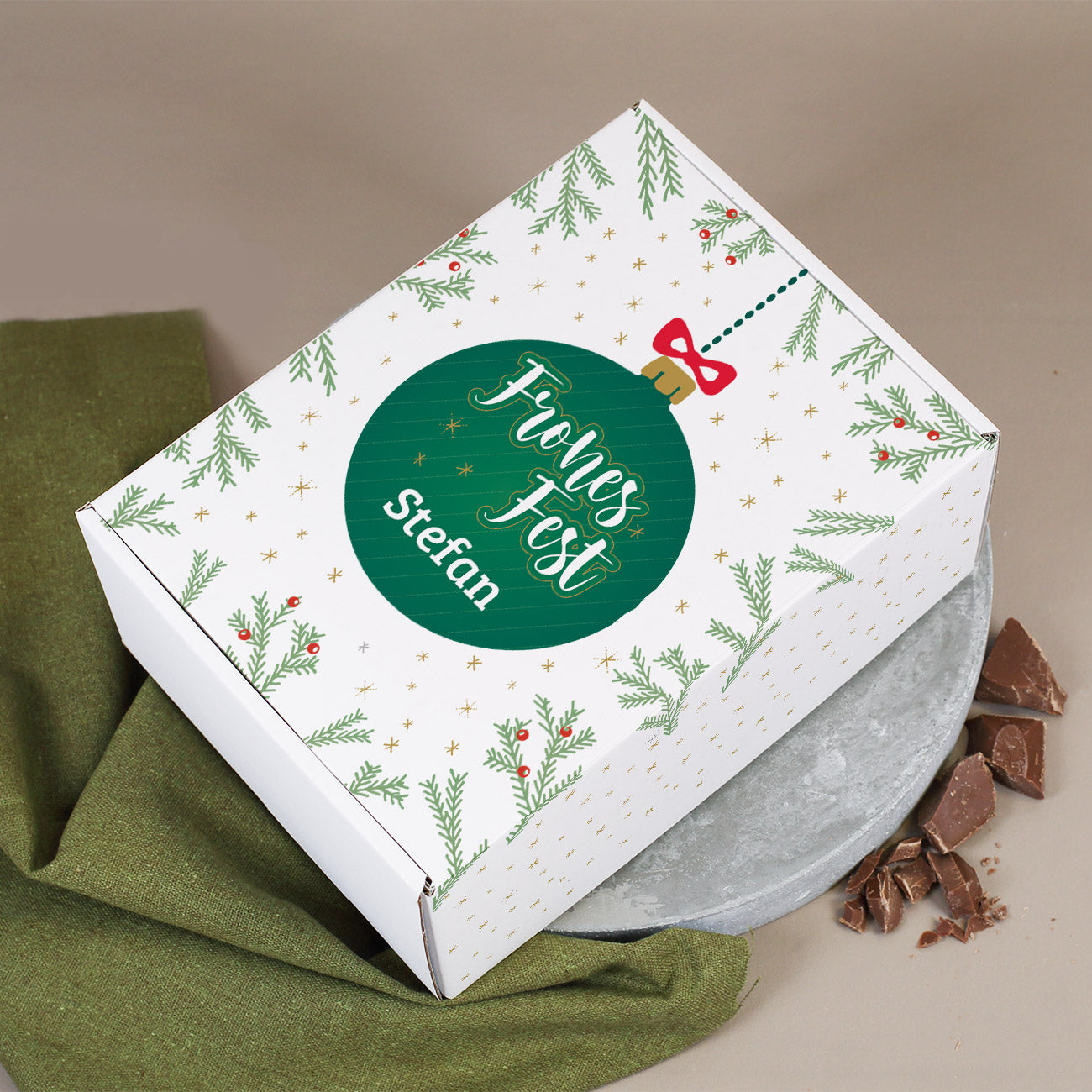Geschenkset zu Weihnachten mit Glenfiddich, graviertem Glas und Schokolade