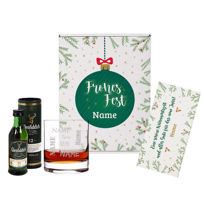 Geschenkset zu Weihnachten mit Glenfiddich, graviertem Glas und Schokolade