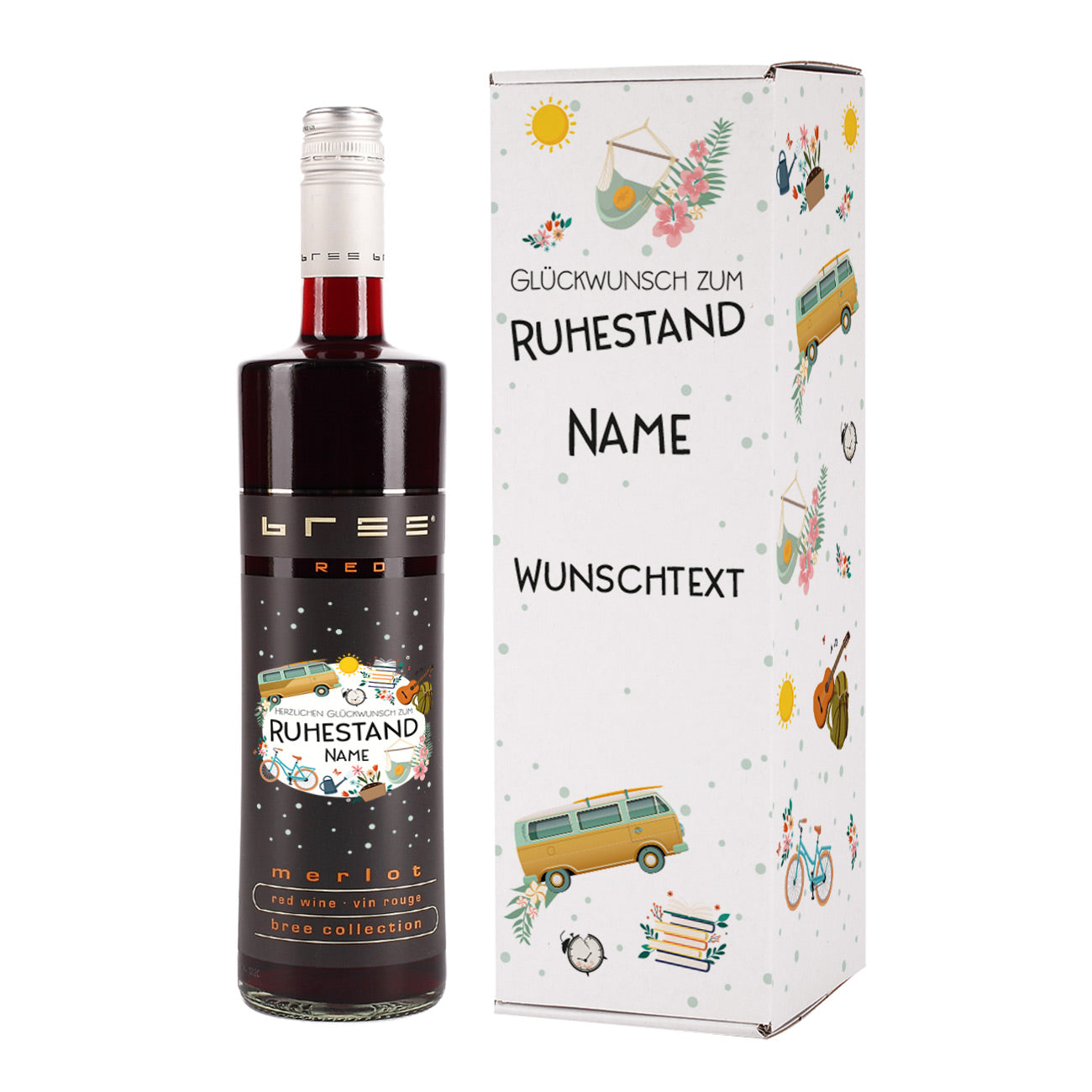 Wein zur Rente mit bedruckter Verpackung, Name, Wunschtext und BREE Wein