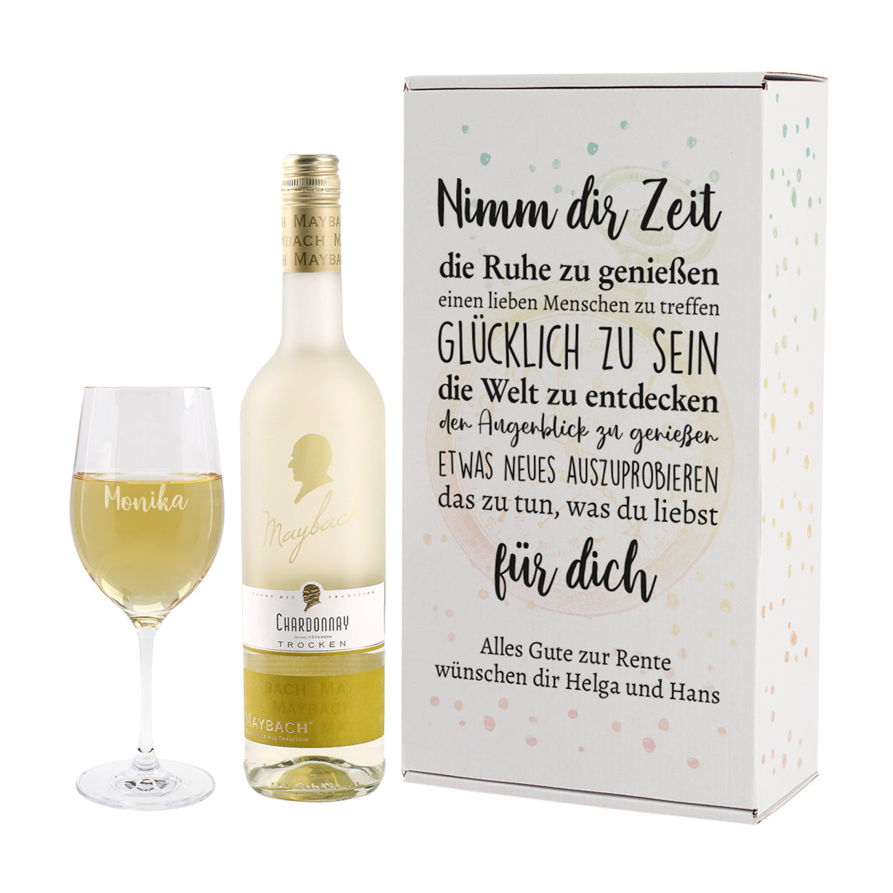 "Nimm dir Zeit" Weinset zur Rente mit graviertem Glas und Maybachwein