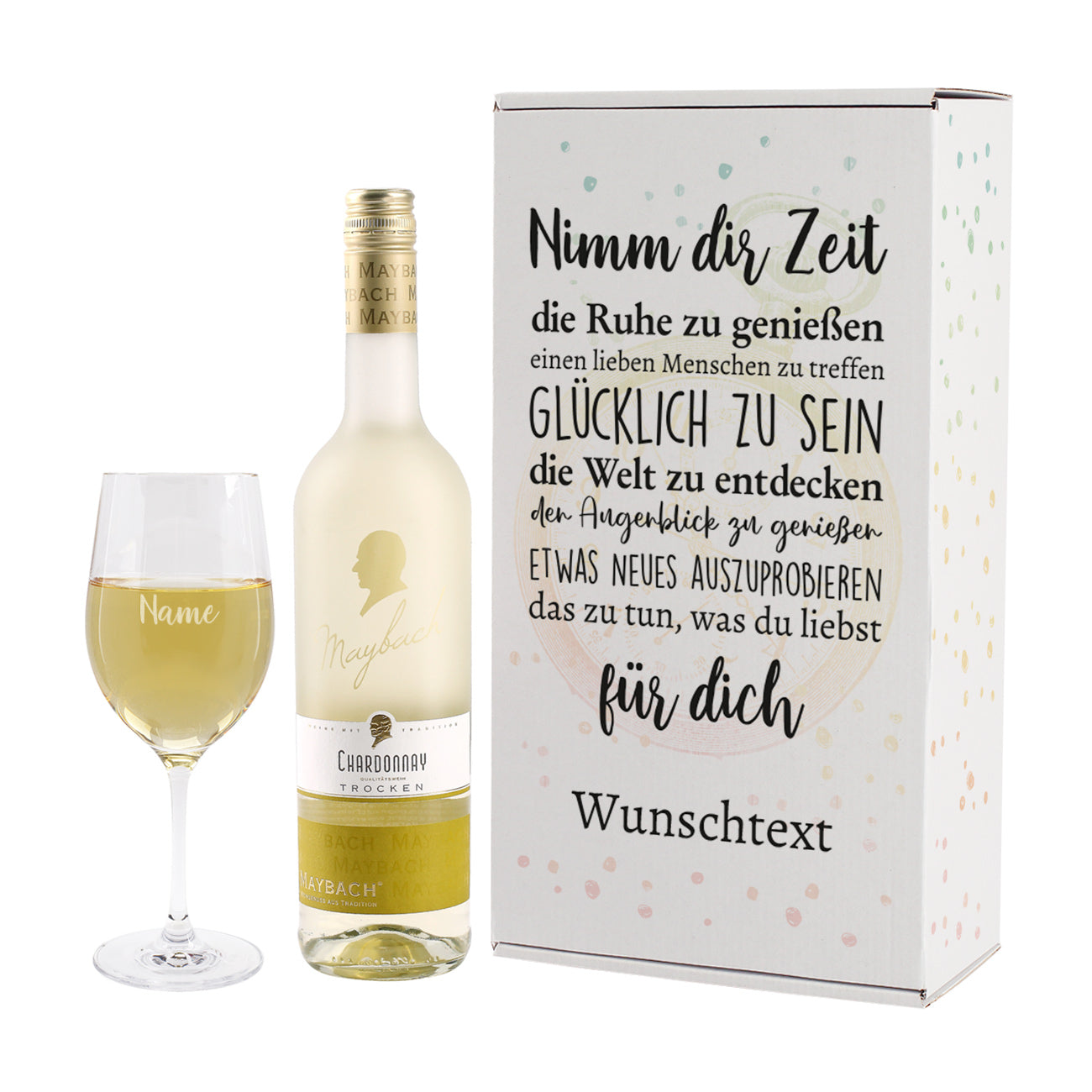 "Nimm dir Zeit" Weinset zur Rente mit graviertem Glas und Maybachwein