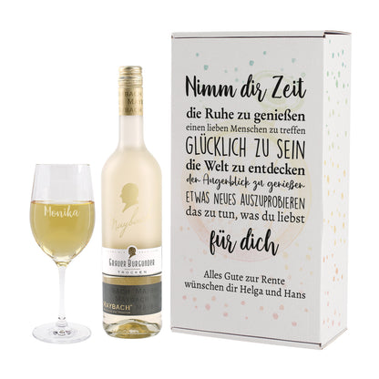 "Nimm dir Zeit" Weinset zur Rente mit graviertem Glas und Maybachwein