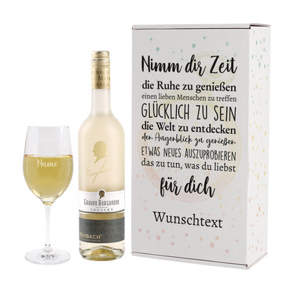 "Nimm dir Zeit" Weinset zur Rente mit graviertem Glas und Maybachwein