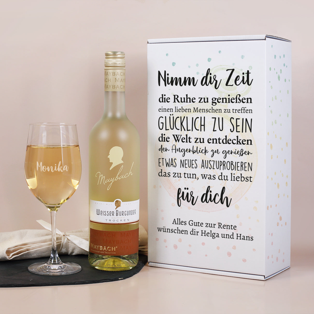 "Nimm dir Zeit" Weinset zur Rente mit graviertem Glas und Maybachwein