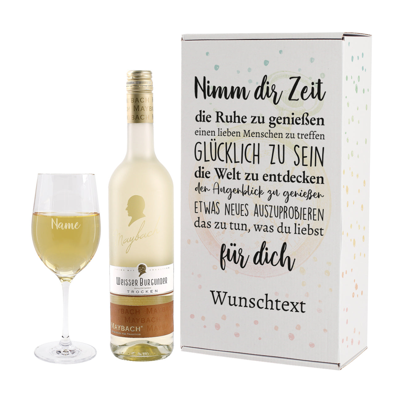 "Nimm dir Zeit" Weinset zur Rente mit graviertem Glas und Maybachwein