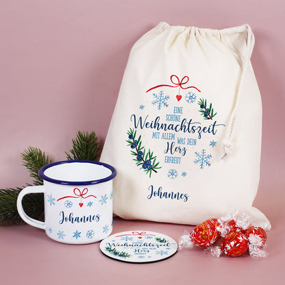 Geschenkset zu Weihnachten & Nikolaus mit Lindor Pralinen, Emailetasse und Untersetzer