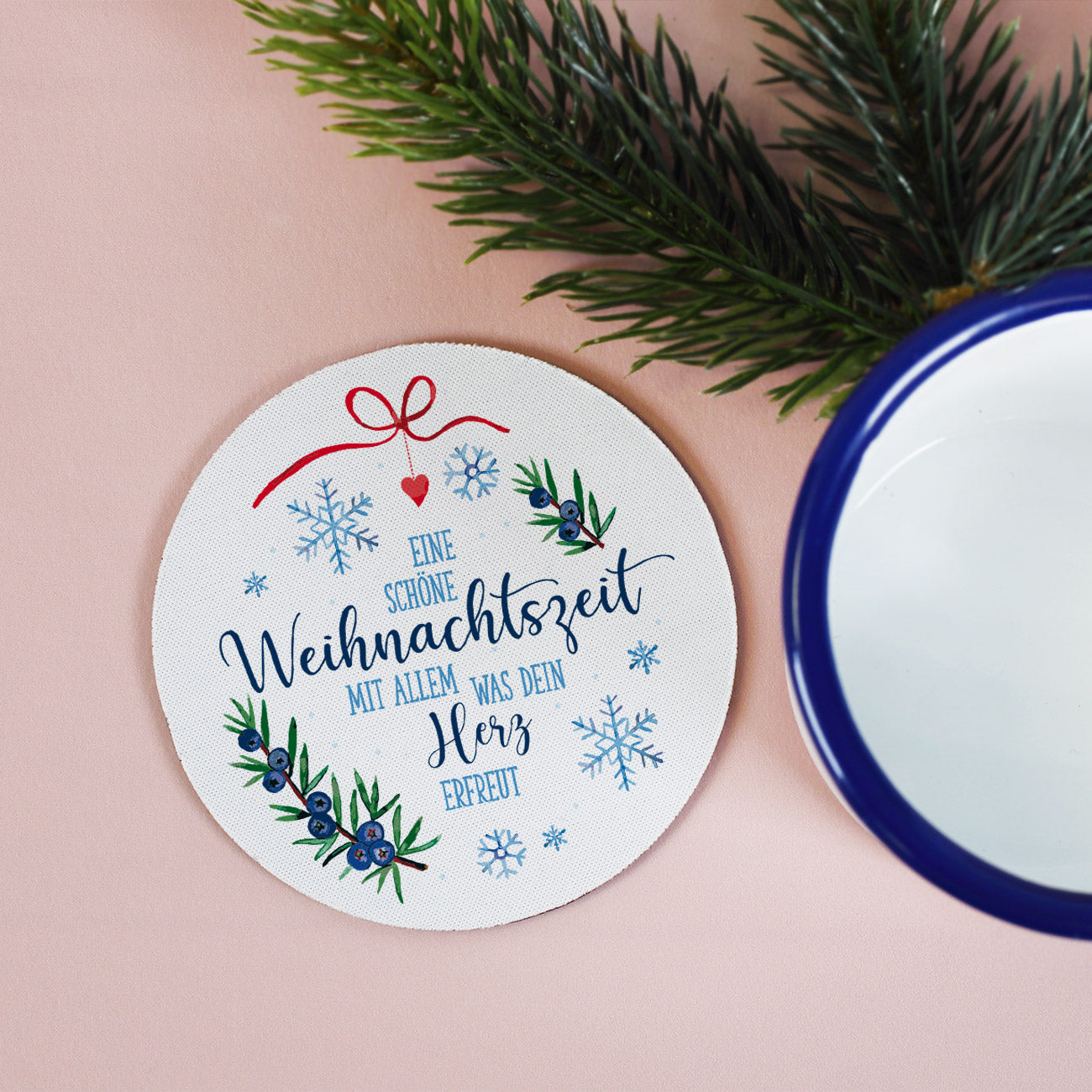 Geschenkset zu Weihnachten & Nikolaus mit Lindor Pralinen, Emailetasse und Untersetzer