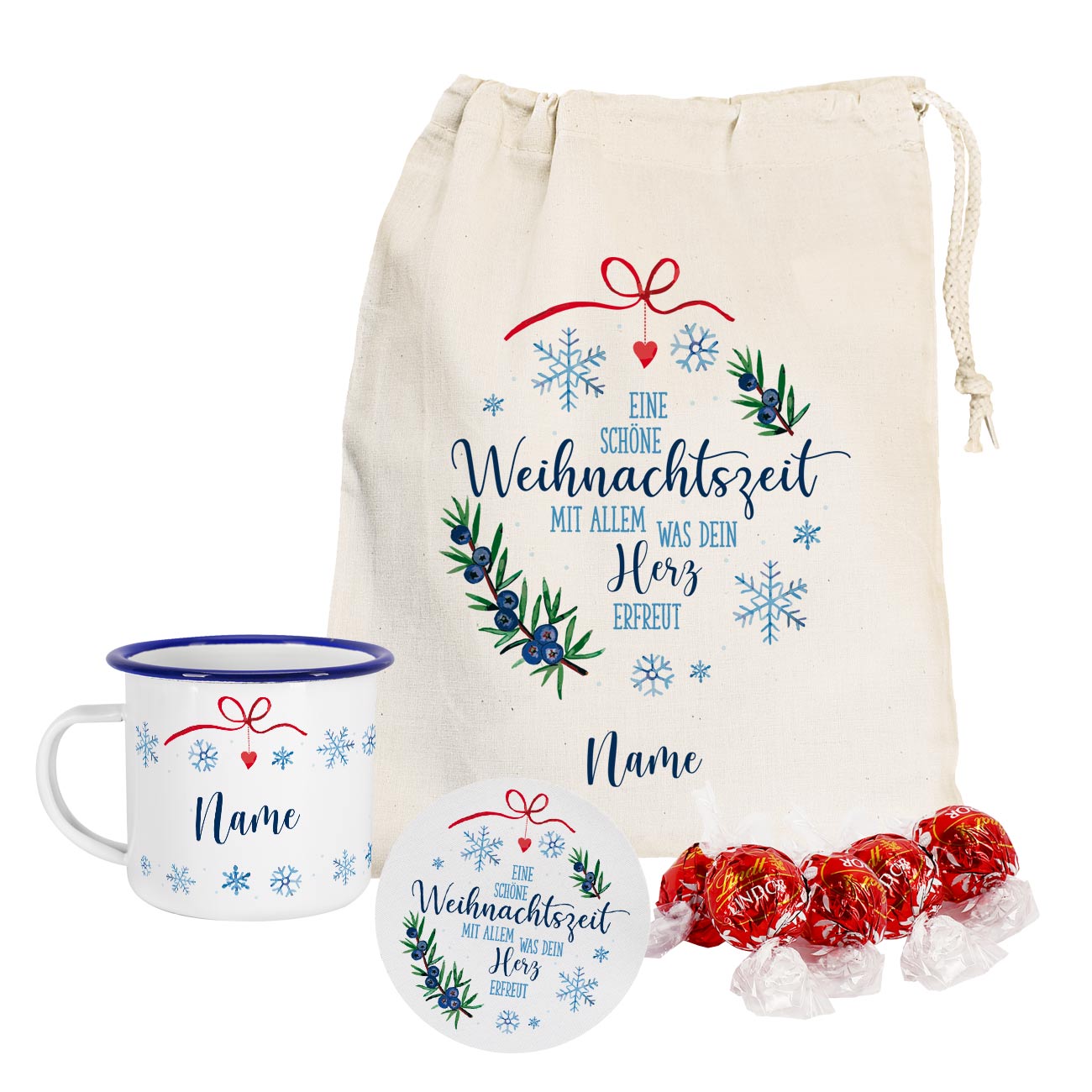 Geschenkset zu Weihnachten & Nikolaus mit Lindor Pralinen, Emailetasse und Untersetzer