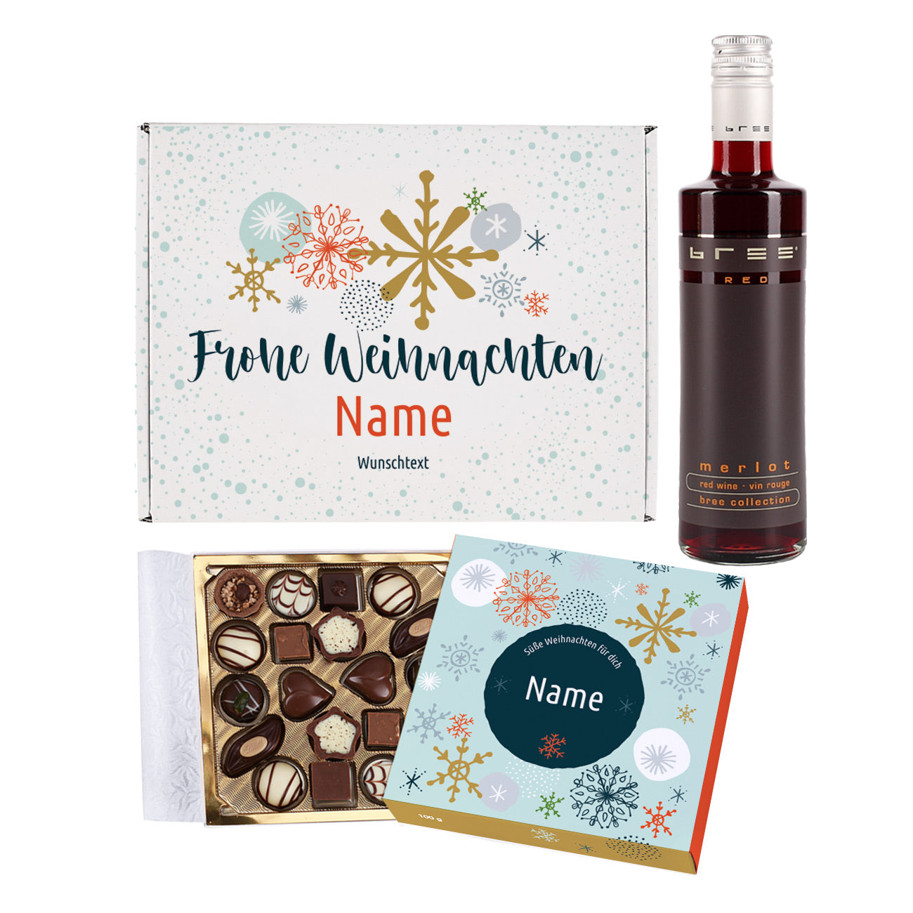 Geschenkset zu Weihnachten, Geschenkbox mit Lindt Pralinen und Wein