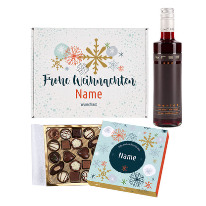 Geschenkset zu Weihnachten, Geschenkbox mit Lindt Pralinen und Wein
