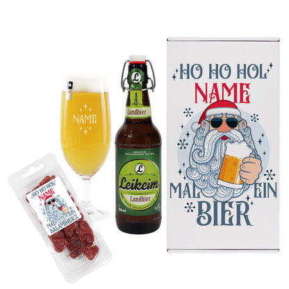 Geschenkbox mit Bierglas, Bierflasche und leckere Salamiherzen