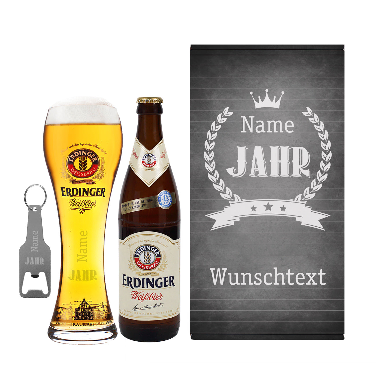 Geburtstagsset mit Erdinger Bierflasche, Glas und Flaschenöffner