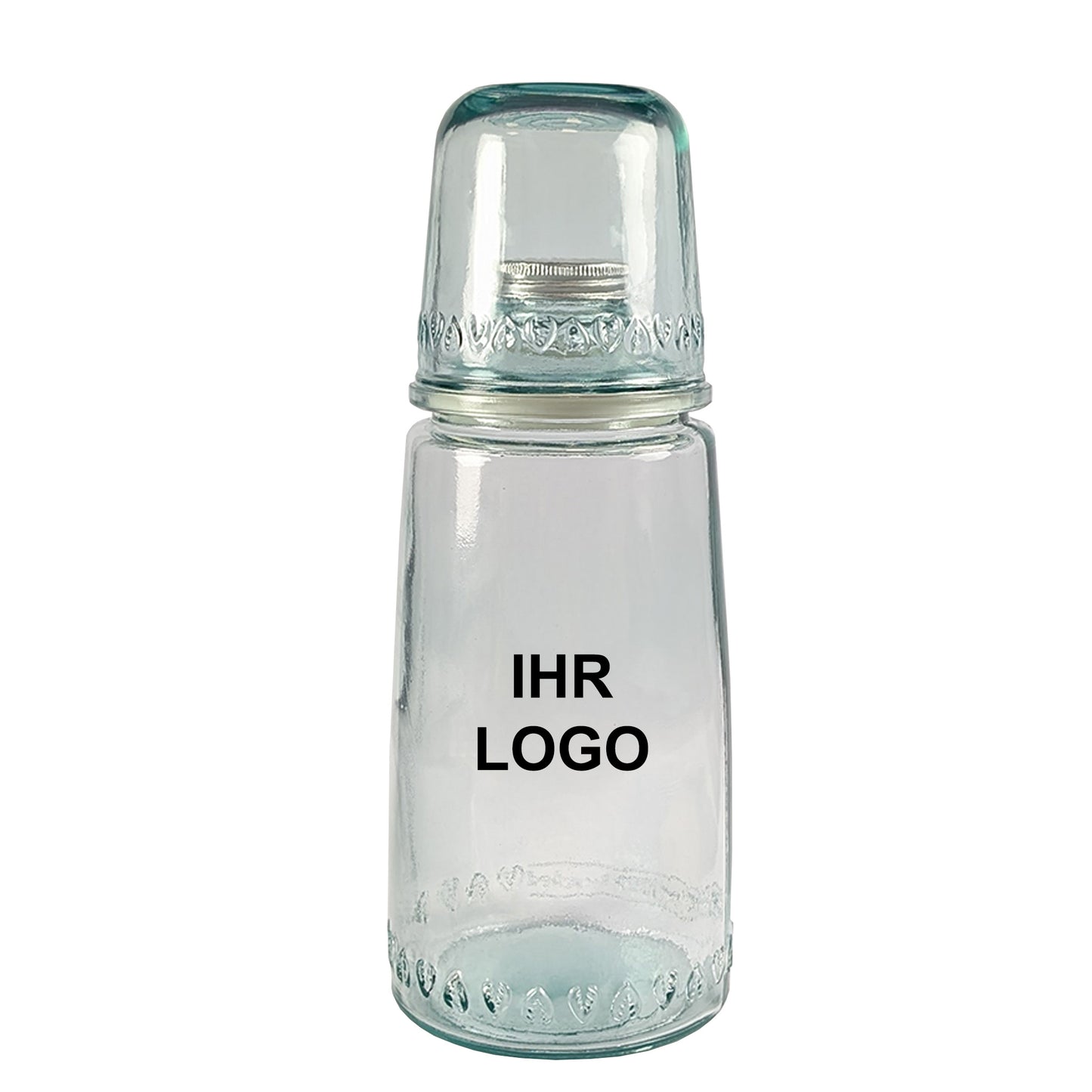 Glaskaraffe mit Trinkglas mit Firmenlogo bedruckt