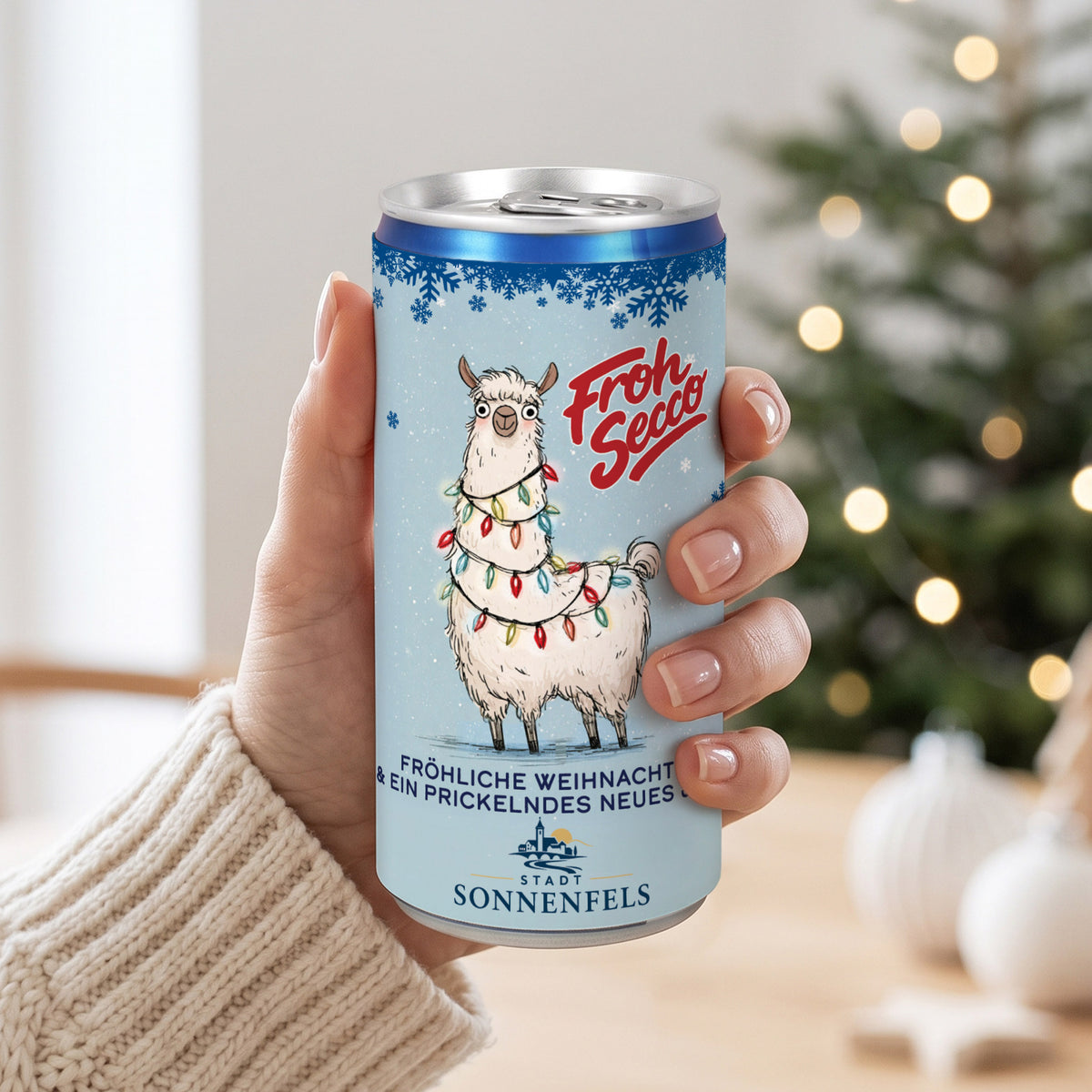 Personalisierte Secco-Dose „Froh Secco“ mit Firmenlogo