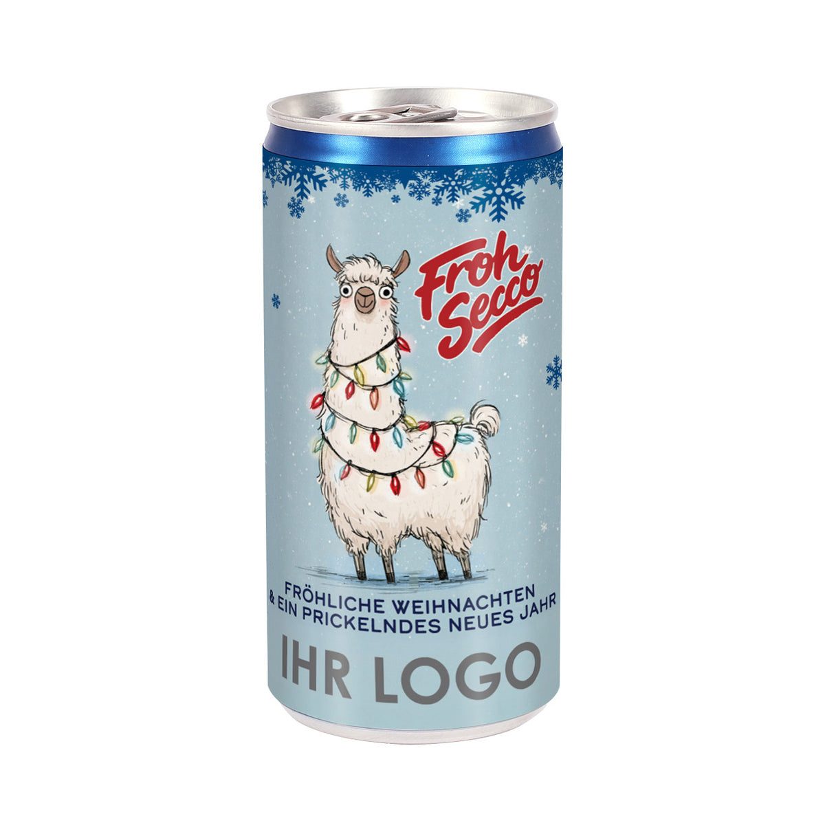 Personalisierte Secco-Dose „Froh Secco“ mit Firmenlogo
