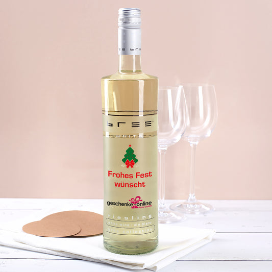 Weißweinflasche bedruckt mit Firmenlogo