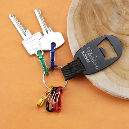 Schlüsselanhänger mit Logo-Gravur inkl. Flaschenöffner und Karabinerhaken