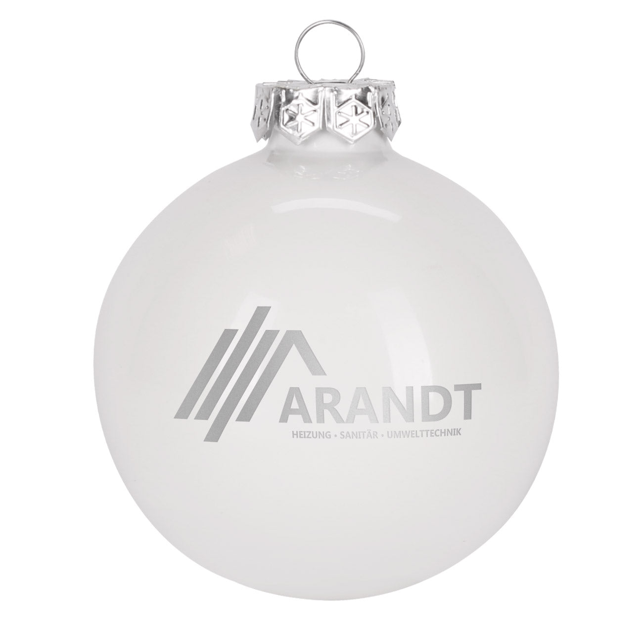 Christbaumkugel mit Firmenlogo in Weiß Hochglanz Beispiel