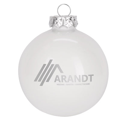 Christbaumkugel mit Firmenlogo in Weiß Hochglanz Beispiel