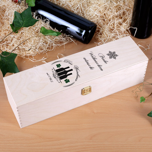 Geschenkbox aus Holz bedruckt mit Firmenlogo und Frohe Weihnachten