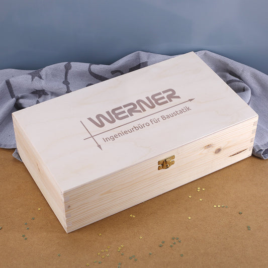 Holzbox für zwei Flaschen inkl. Gravur des Logos