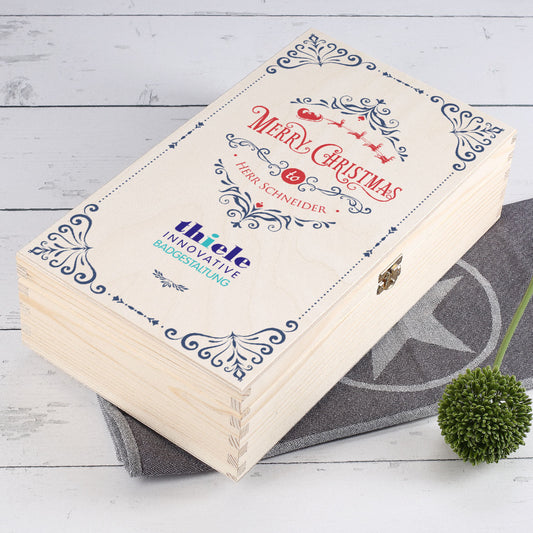 Merry Christmas - Holz-Geschenkbox mit Firmenlogo und Name