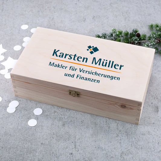 Bedruckte Holzbox mit Firmenlogo