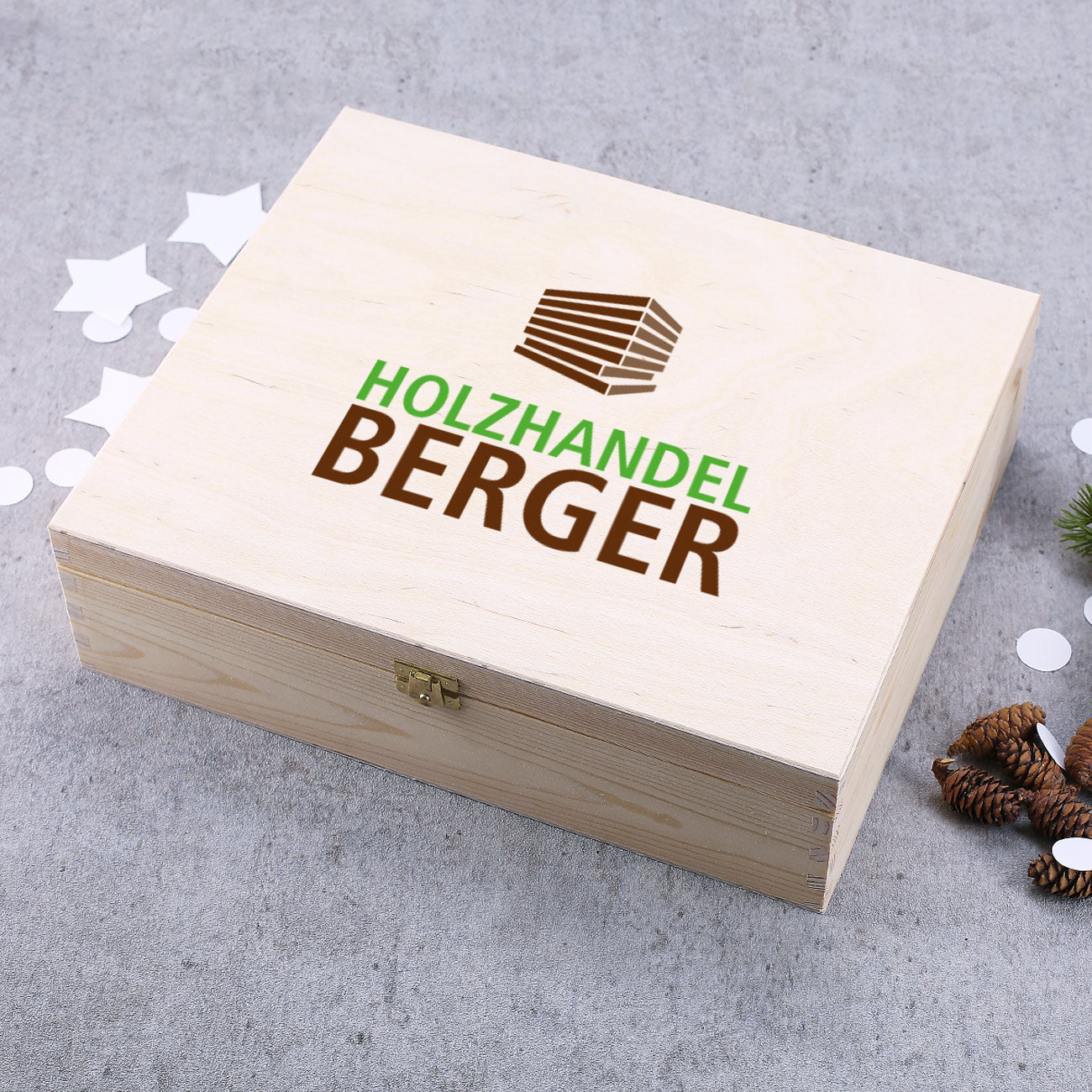 Bedruckte XL Holzbox mit Firmenlogo